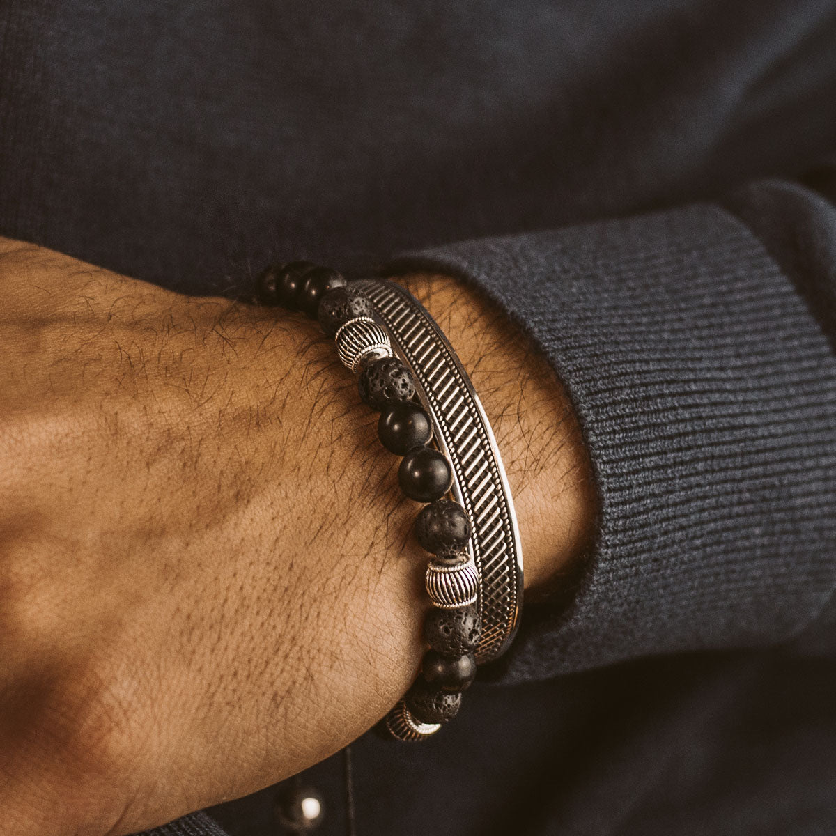 Kaliq - Adjustable Onyx Black Beaded Bracelet in Silver 8mm