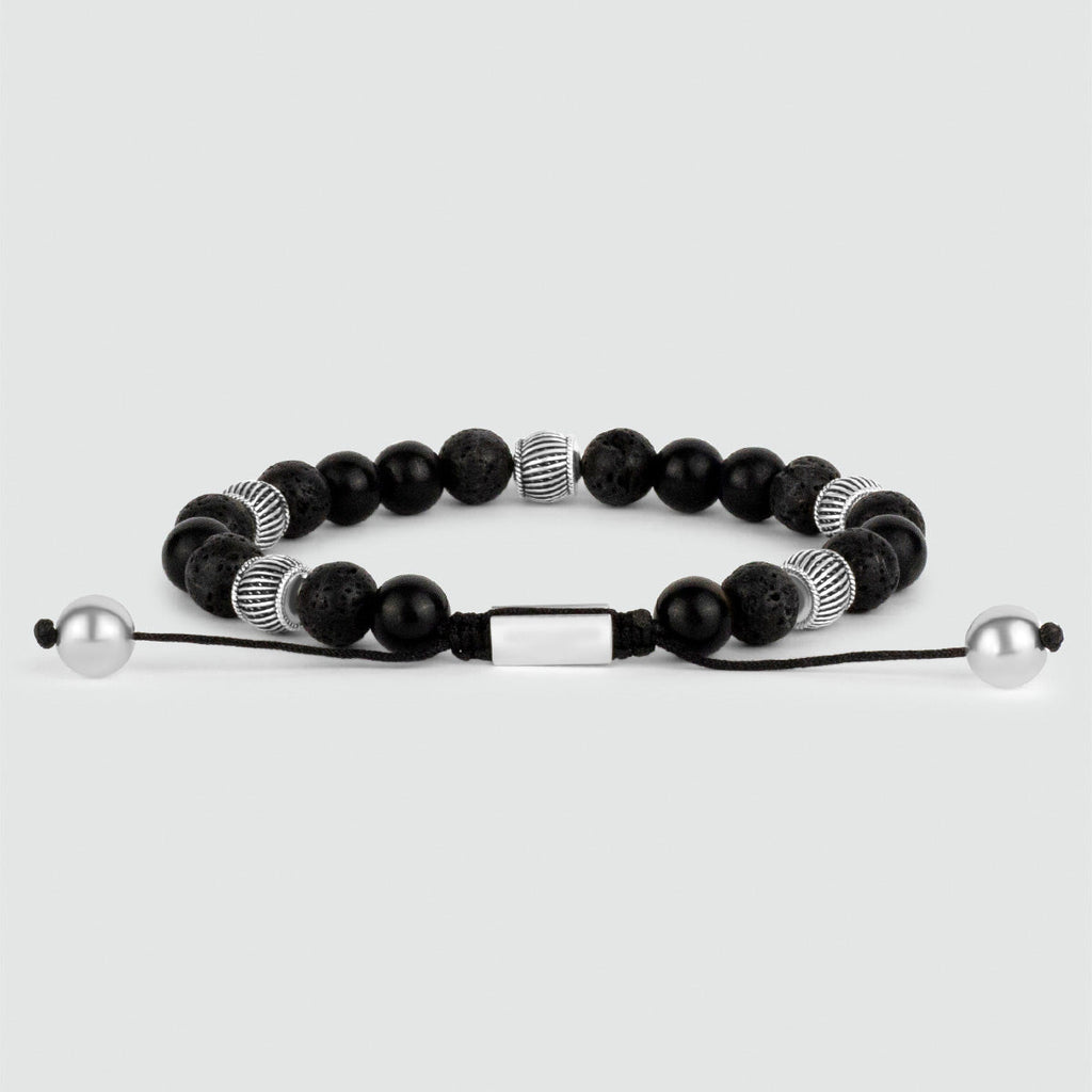 Kaliq - Adjustable Onyx Black Beaded Bracelet in Silver 8mm
