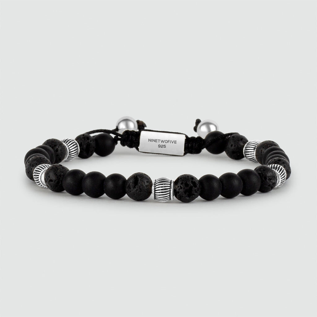 Kaliq - Adjustable Onyx Black Beaded Bracelet in Silver 6mm