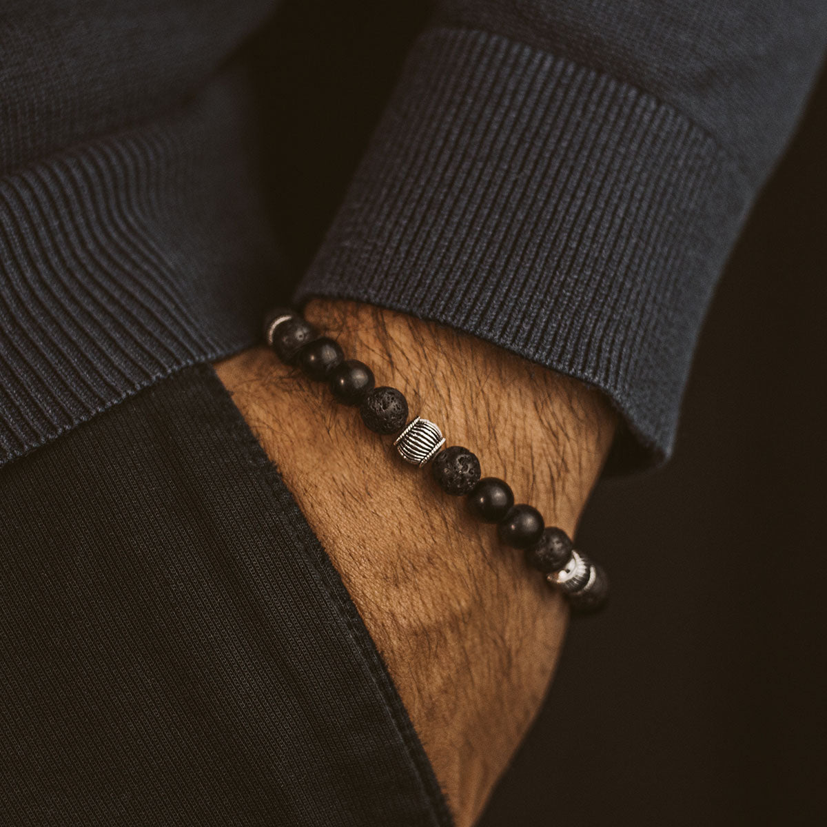 Kaliq - Adjustable Onyx Black Beaded Bracelet in Silver 8mm