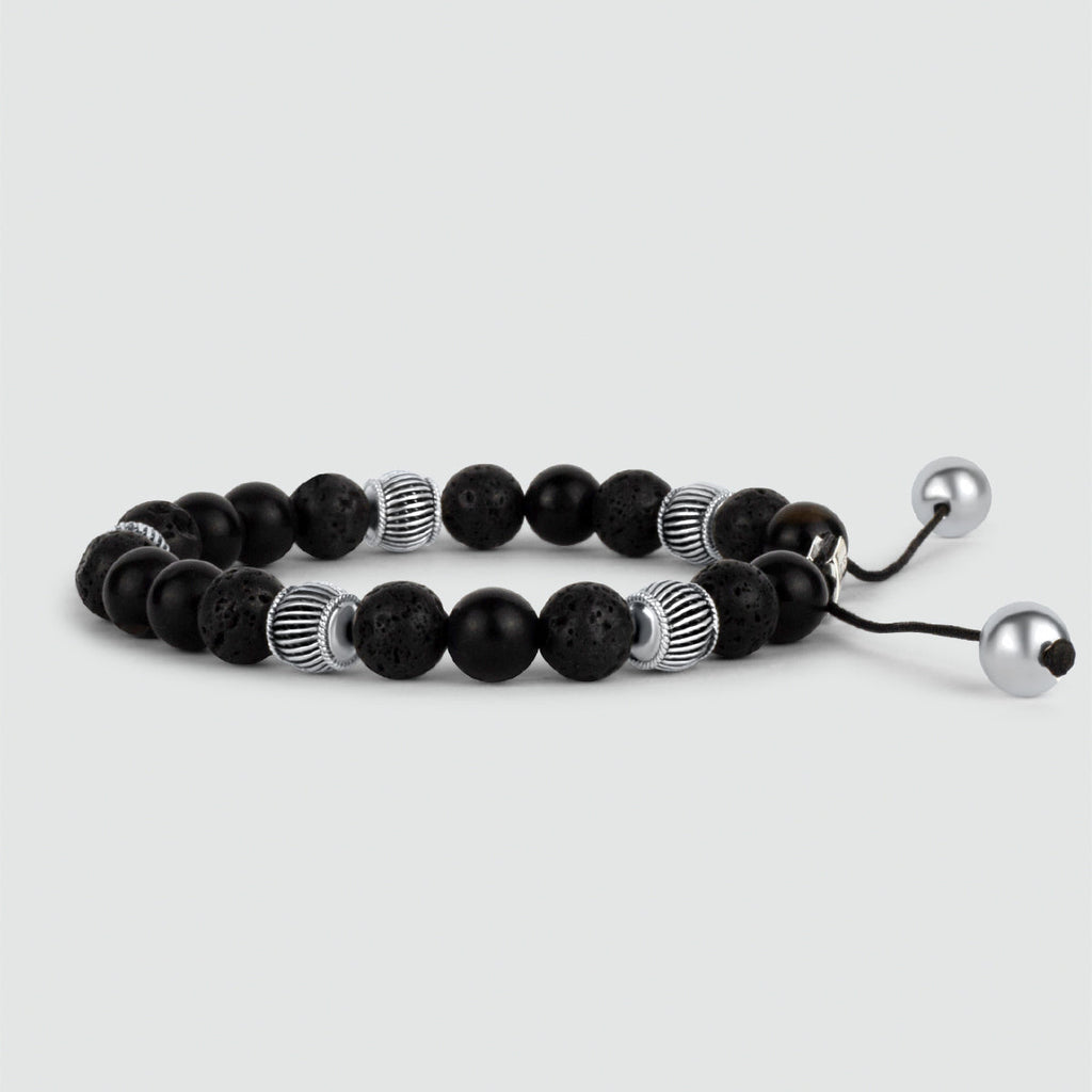 Kaliq - Adjustable Onyx Black Beaded Bracelet in Silver 8mm