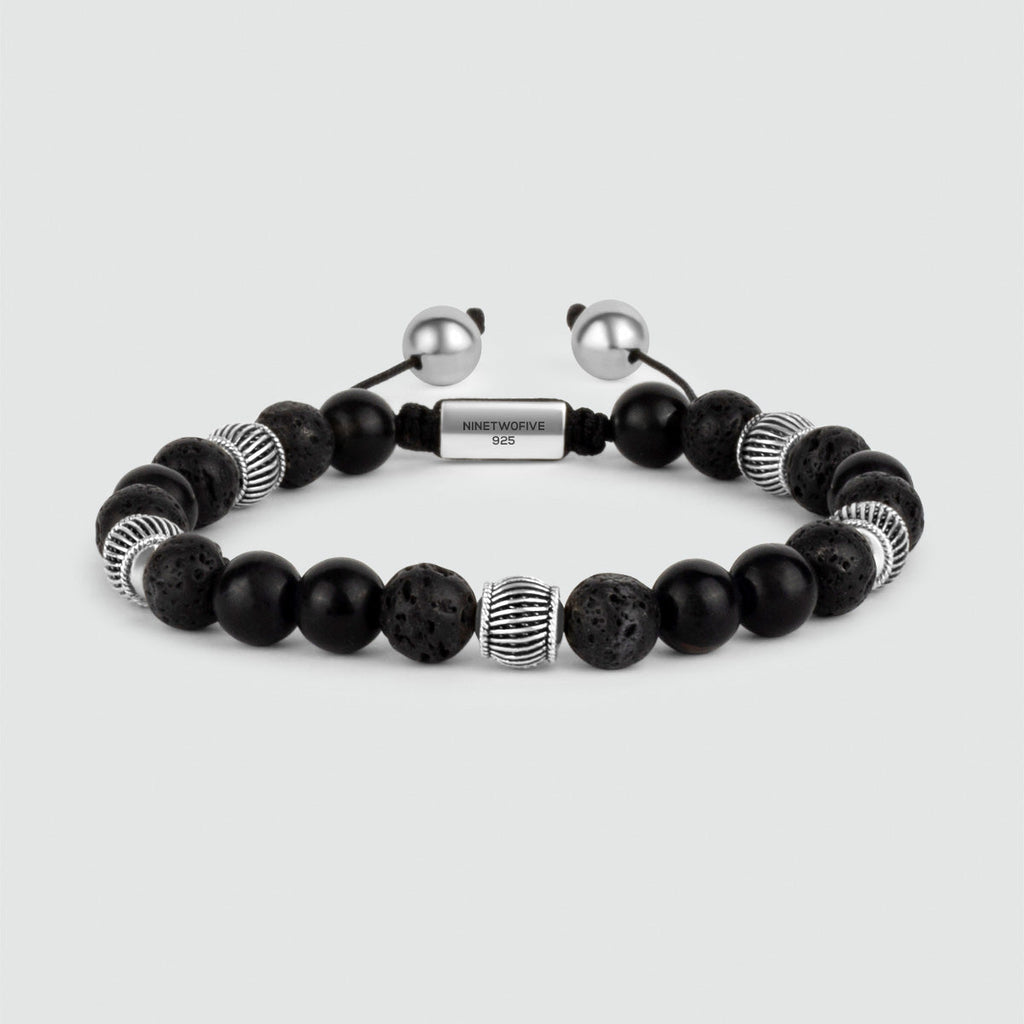 Kaliq - Adjustable Onyx Black Beaded Bracelet in Silver 8mm
