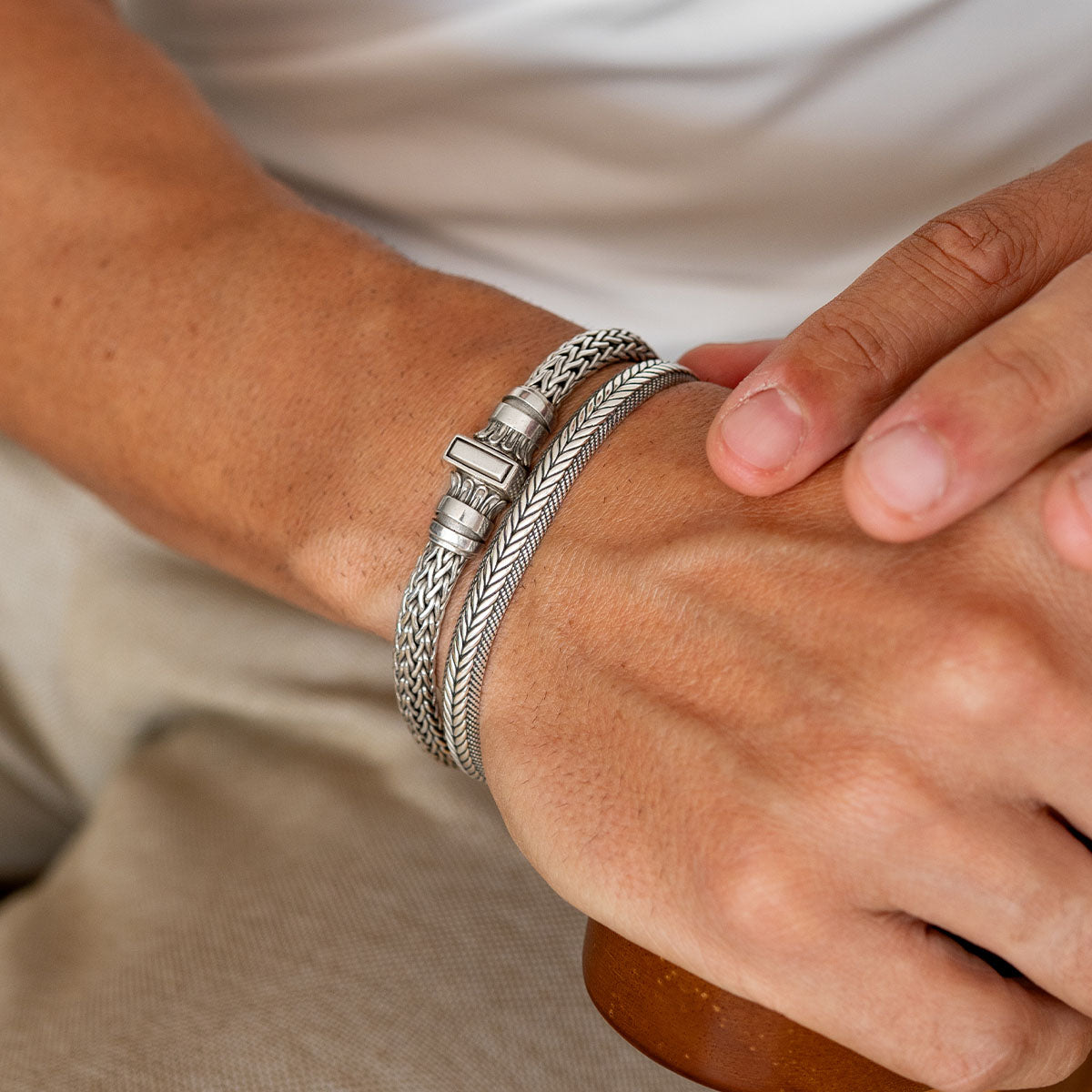Idris - Braided Silver Bangle Bracelet 8mm