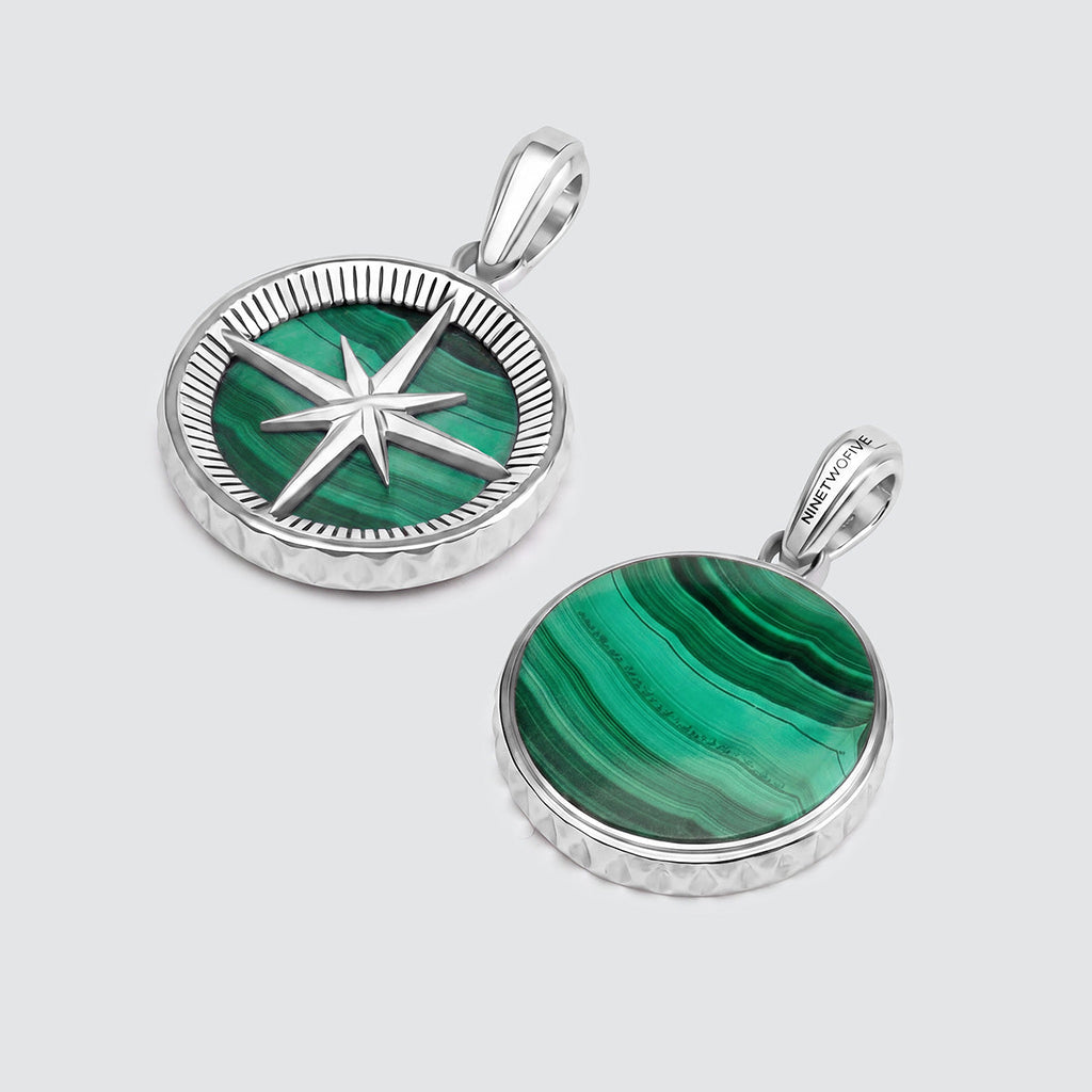 Safar - Sterling Silver Malachite Compass Pendant