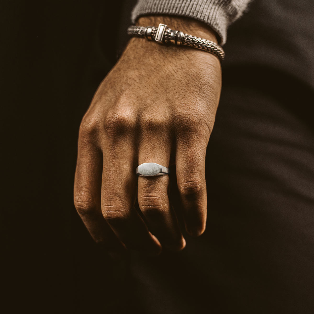 Tariq - Matte Brushed Silver Signet Ring 7mm