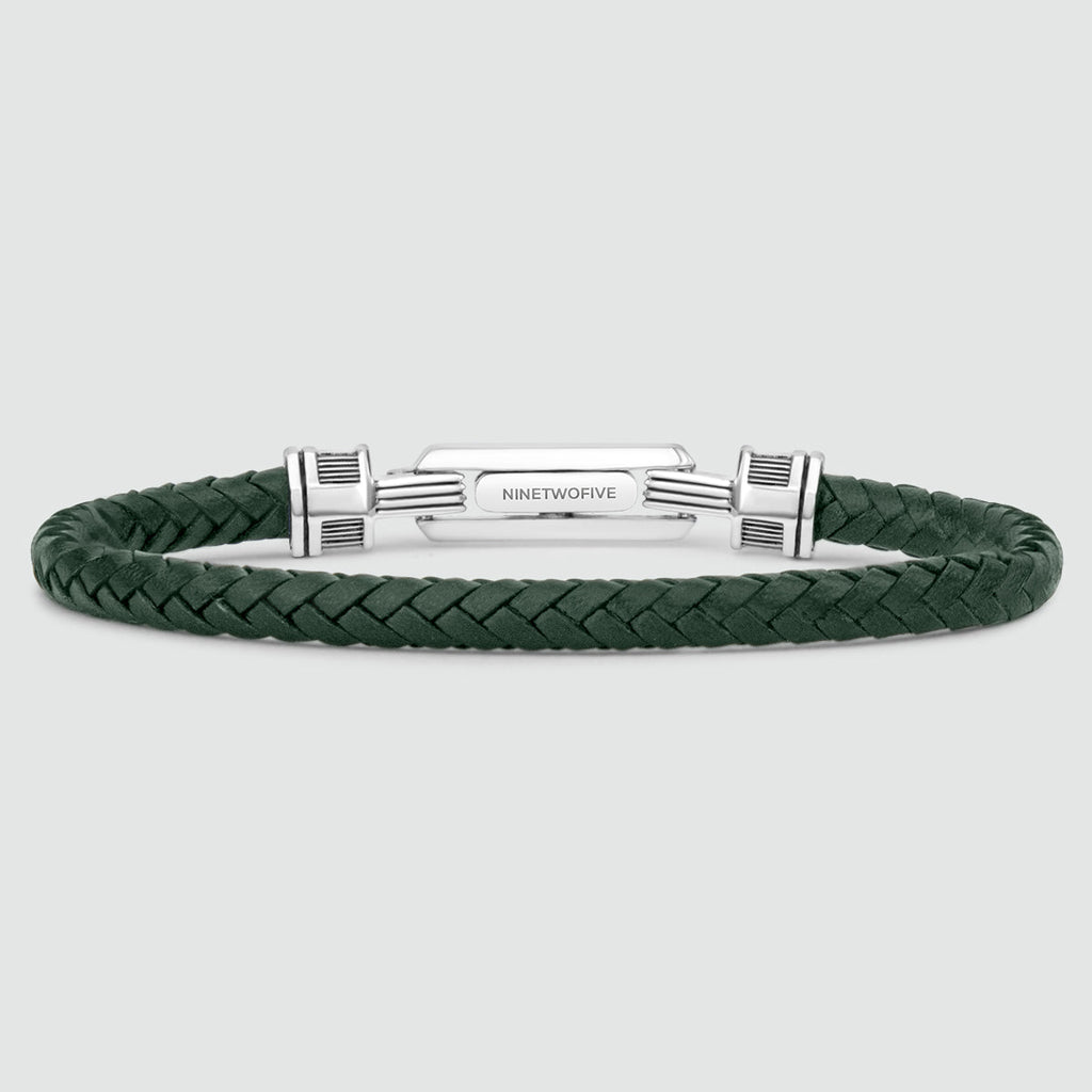 Rayhan - Braided Green Leather Bracelet with Sterling Silver 5.5mm