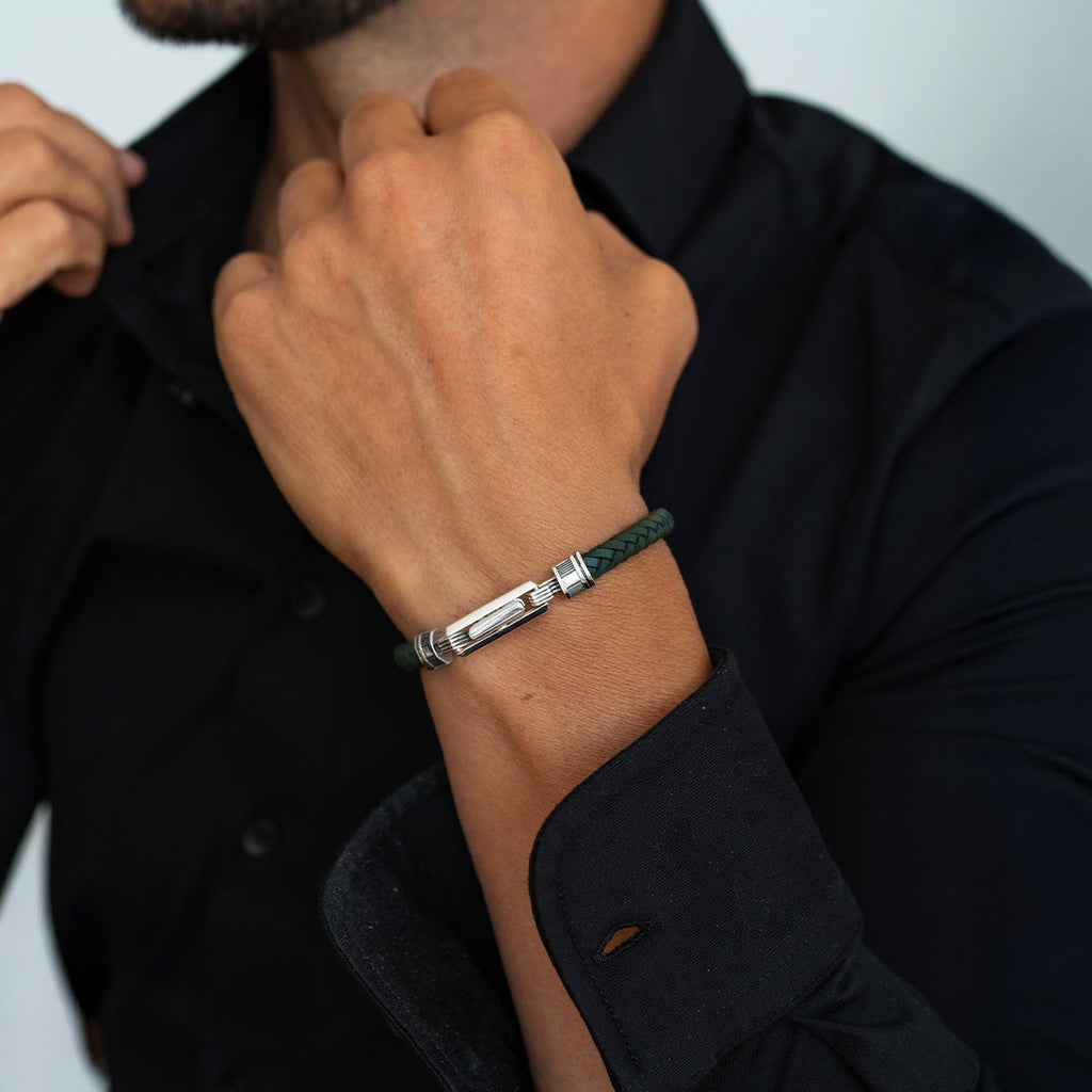 Rayhan - Braided Green Leather Bracelet with Sterling Silver 5.5mm