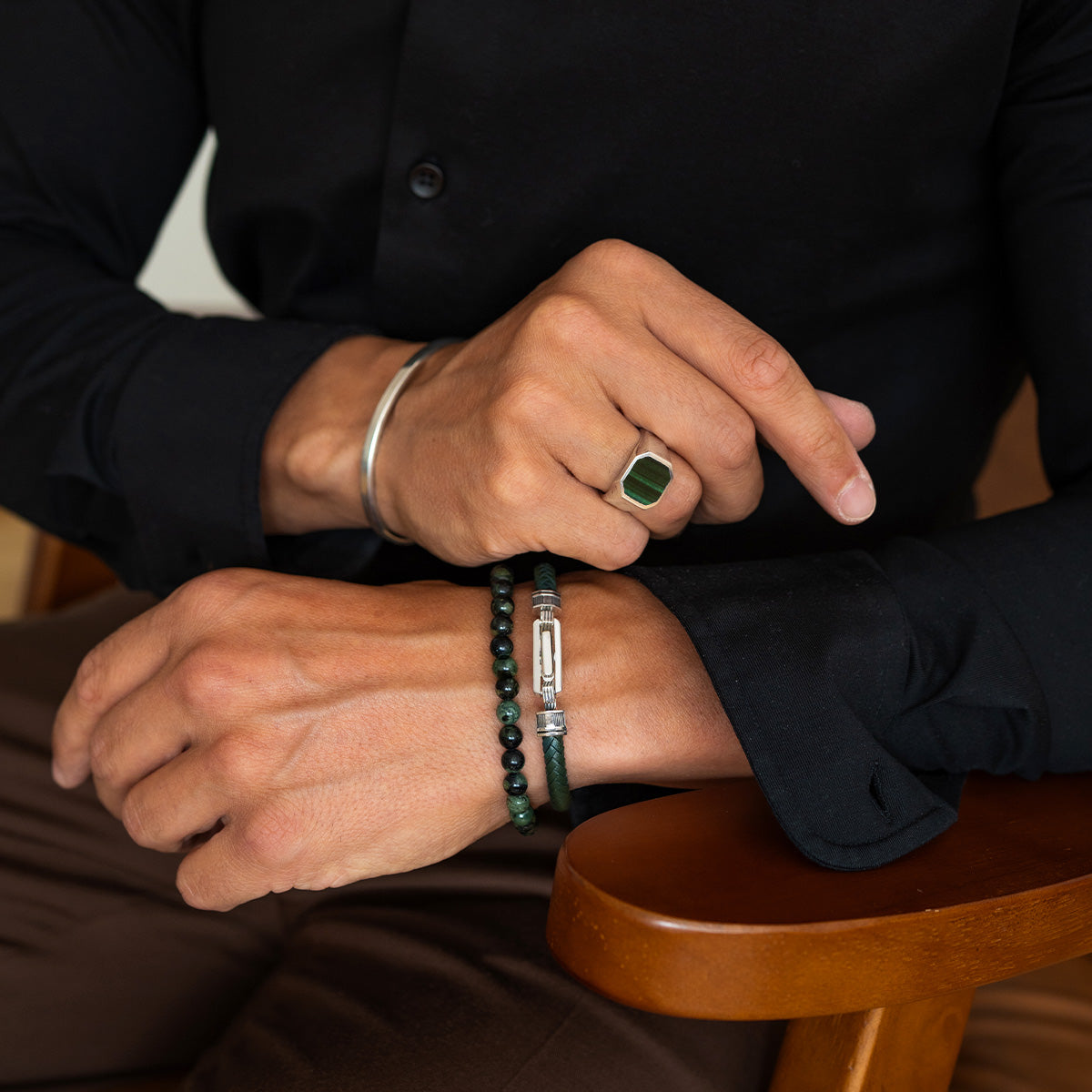 Rayhan - Braided Green Leather Bracelet with Sterling Silver 5.5mm