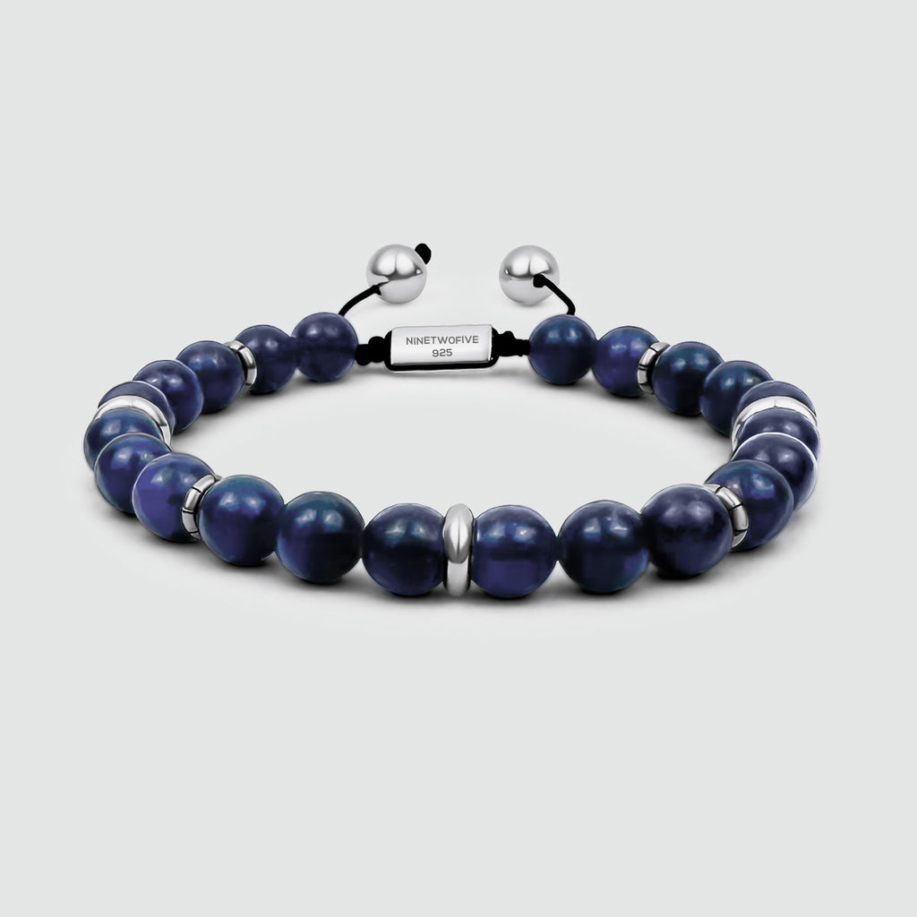 Kadar - Adjustable Lapis Lazuli Beaded Bracelet in Silver 8mm