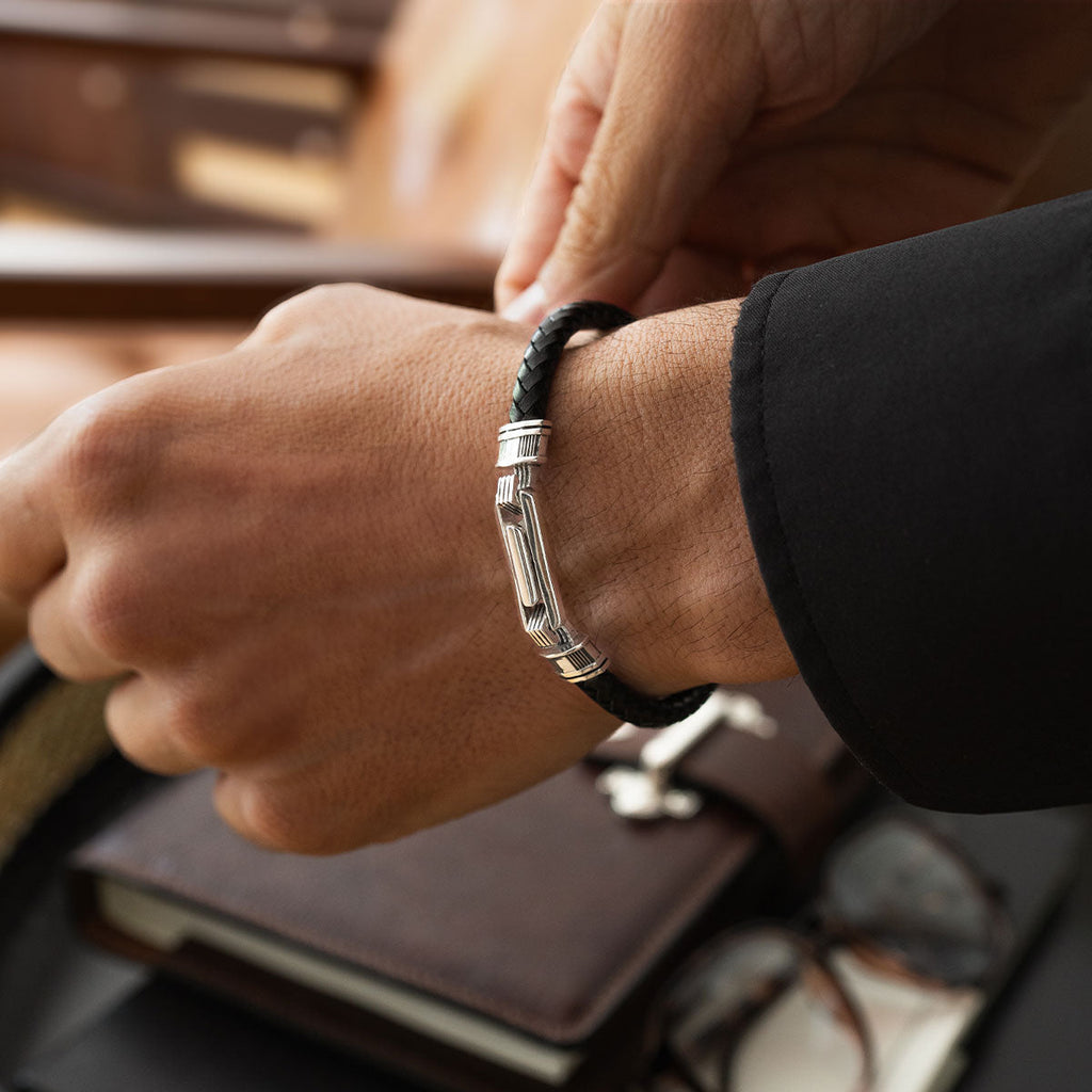 Rasil - Braided Black Leather Bracelet with Sterling Silver 5.5mm