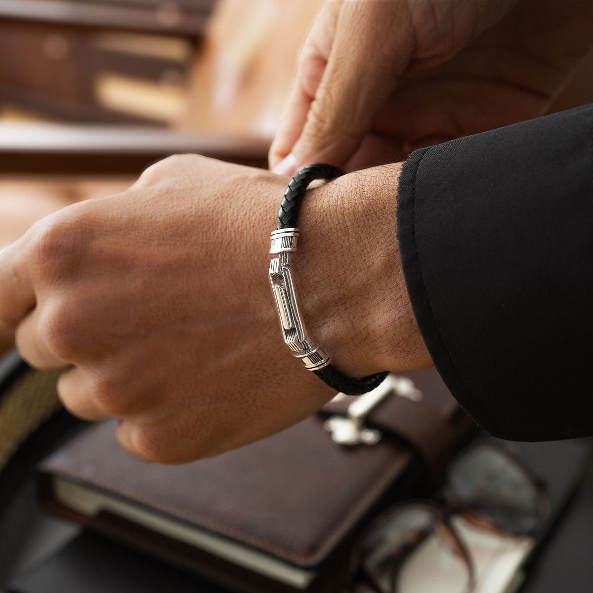 Rasil - Braided Black Leather Bracelet with Sterling Silver 5.5mm