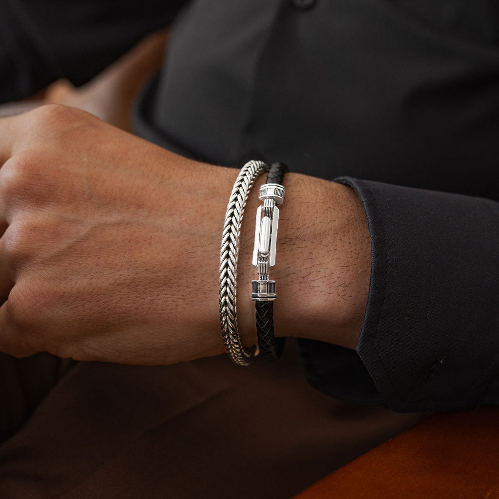 Rasil - Braided Black Leather Bracelet with Sterling Silver 5.5mm