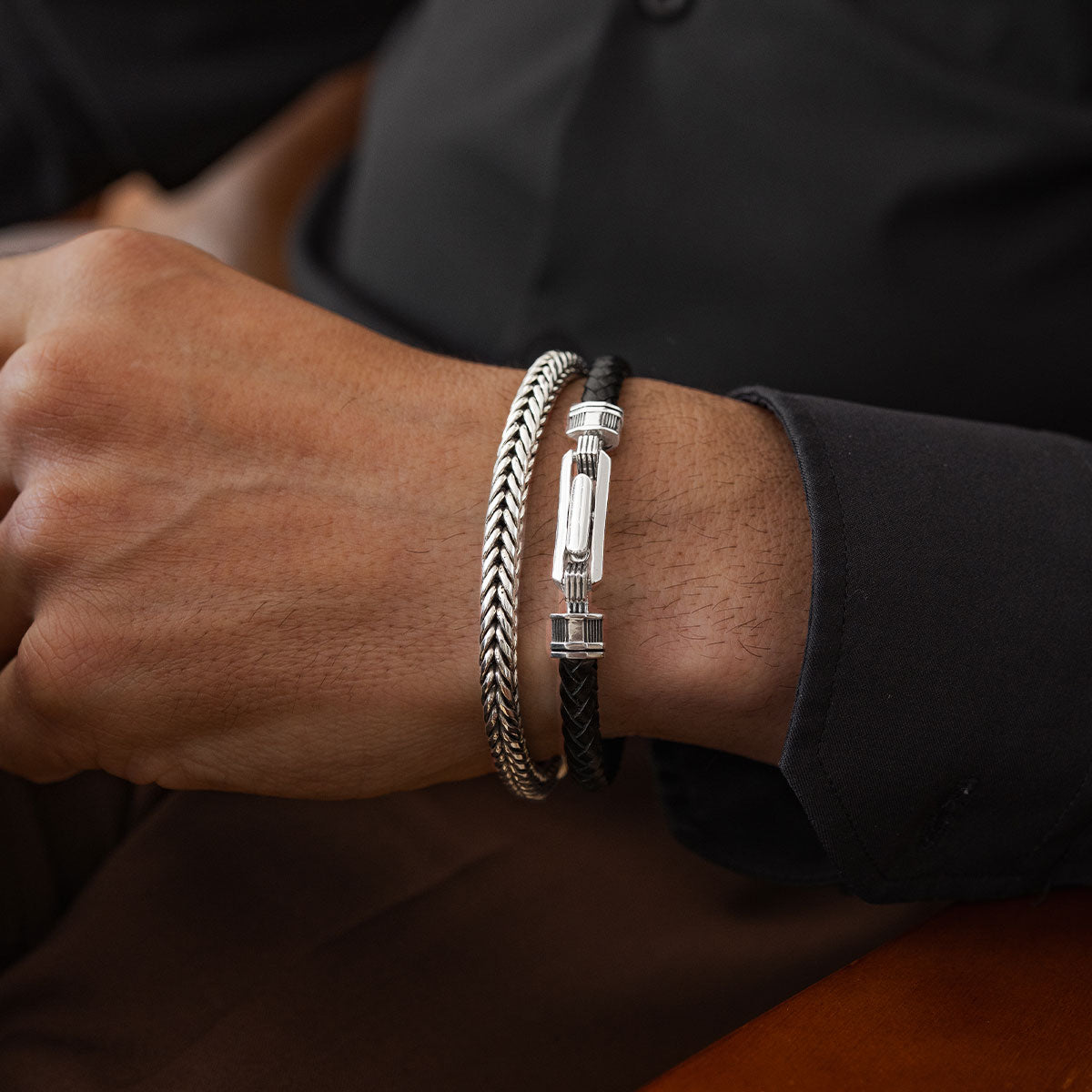 Rasil - Braided Black Leather Bracelet with Sterling Silver 5.5mm