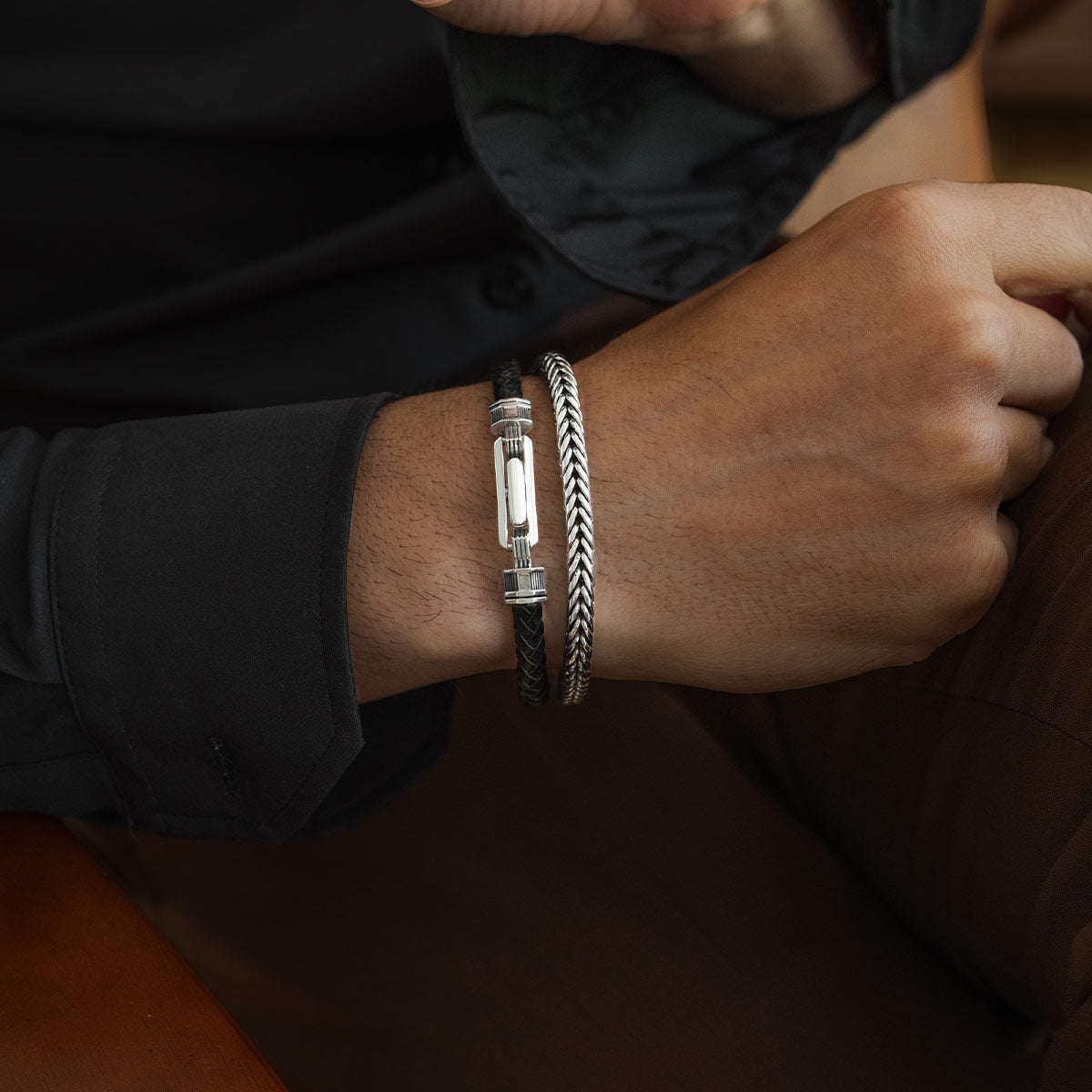 Rasil - Braided Black Leather Bracelet with Sterling Silver 5.5mm