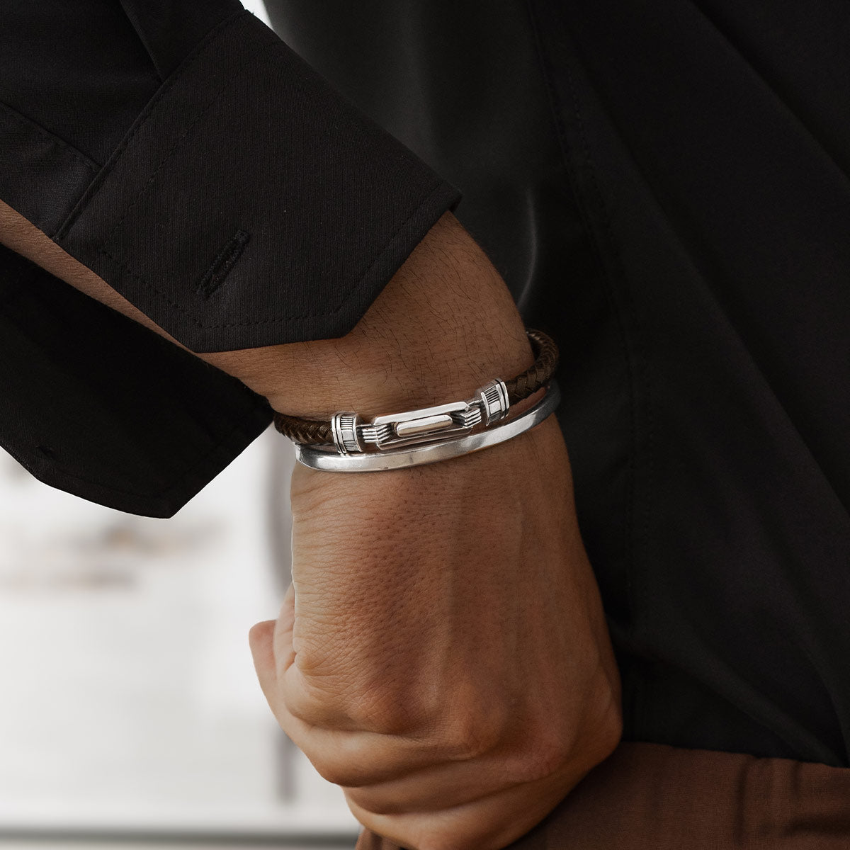 Rasiq - Braided Dark Brown Leather Bracelet with Sterling Silver 5.5mm