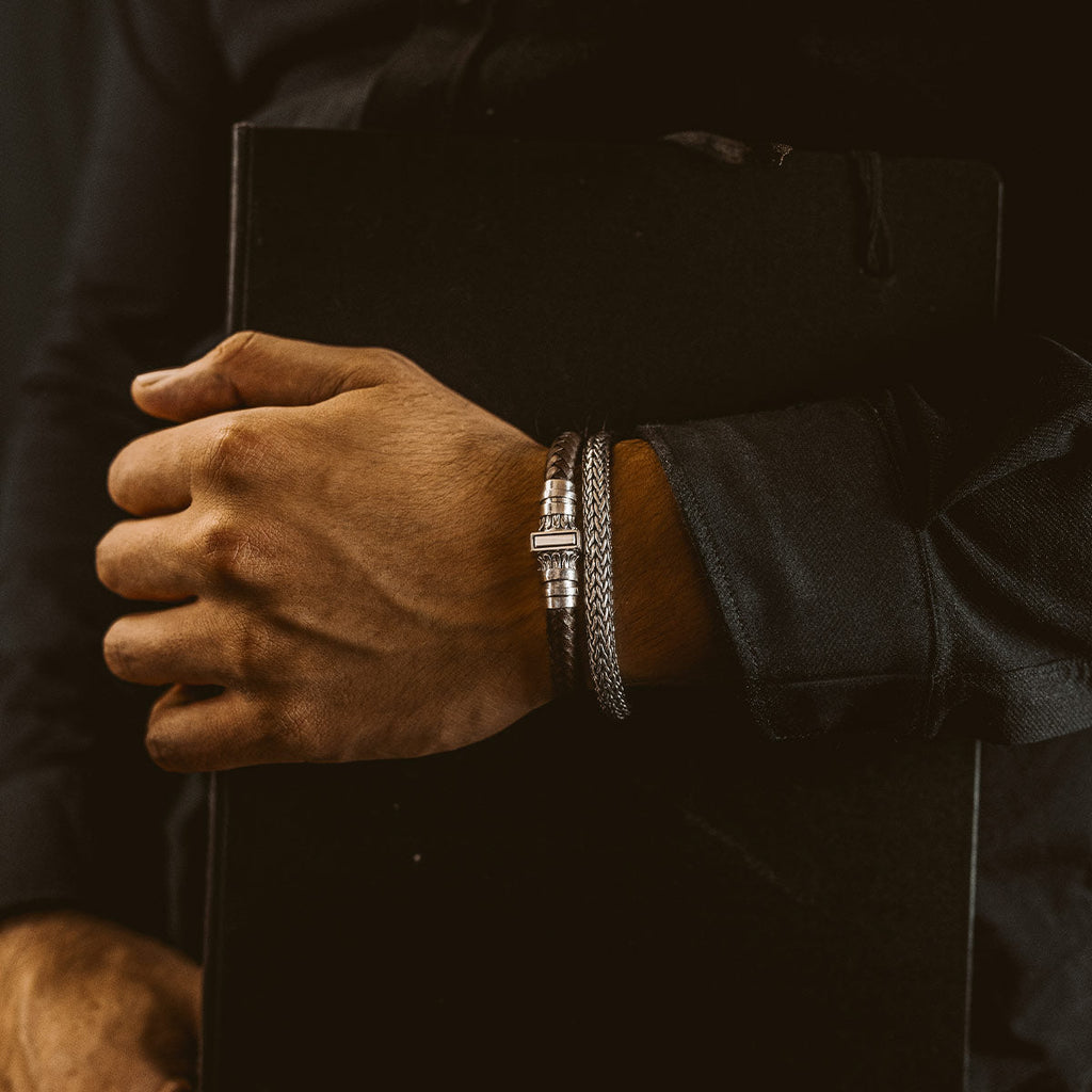 Mirnes - Genuine Dark Brown Leather Bracelet with Sterling Silver 7mm