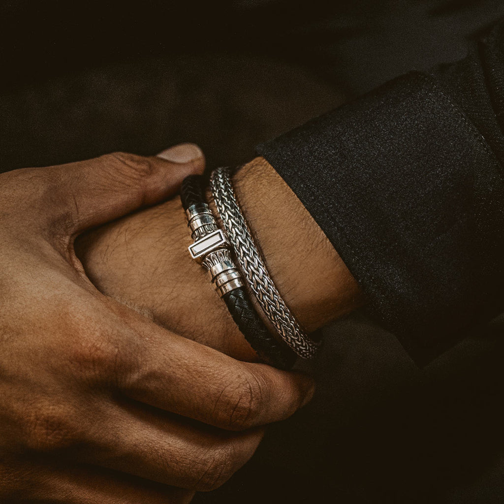 Mirel - Genuine Black Leather Bracelet with Sterling Silver 7mm