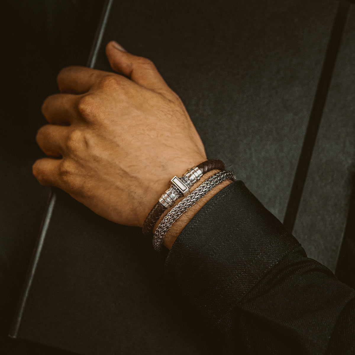 Mirnes - Genuine Dark Brown Leather Bracelet with Sterling Silver 7mm