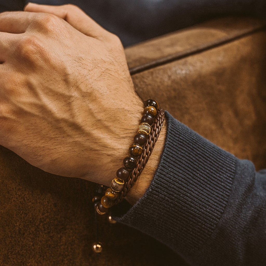 Kaliq - Adjustable Tiger Eye Beaded Bracelet in Gold 8mm