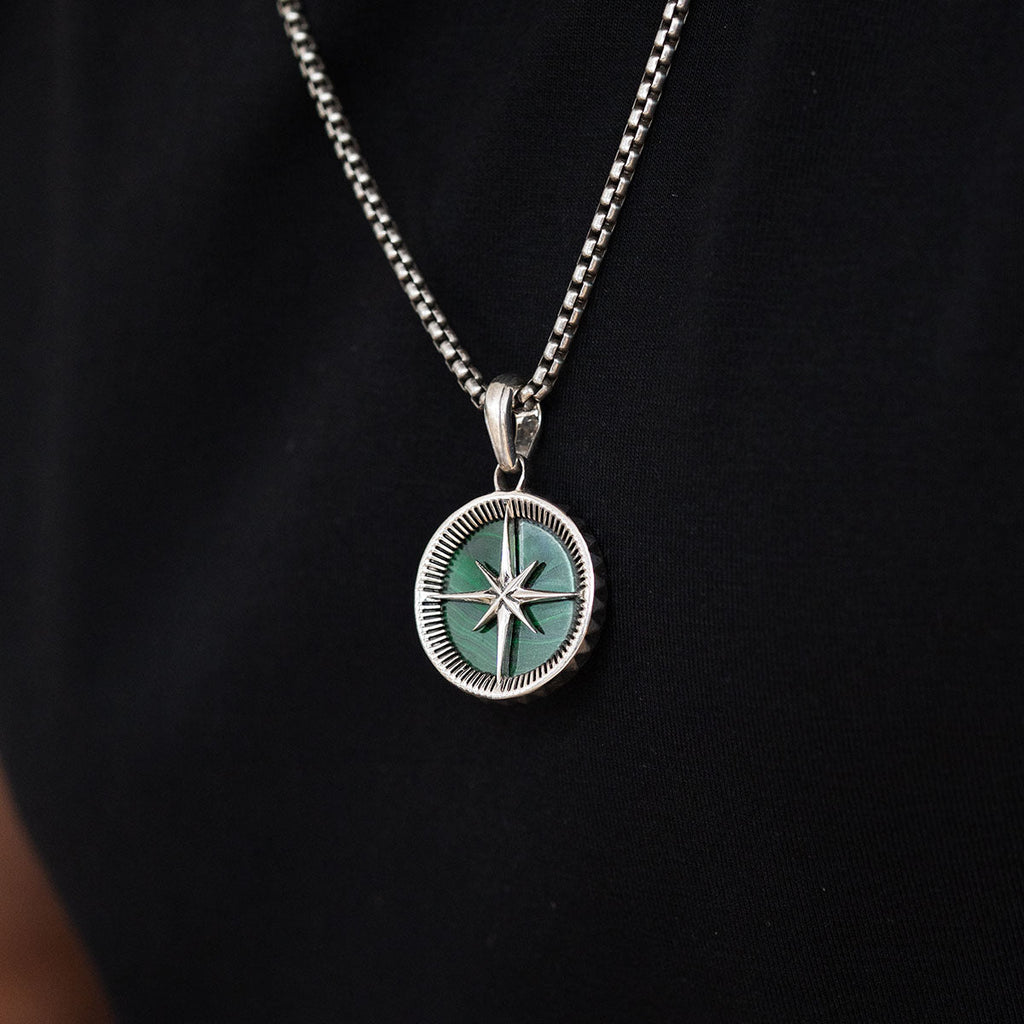 Safar - Sterling Silver Malachite Compass Pendant