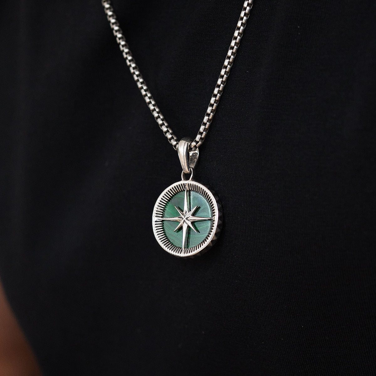 Safar - Sterling Silver Malachite Compass Pendant