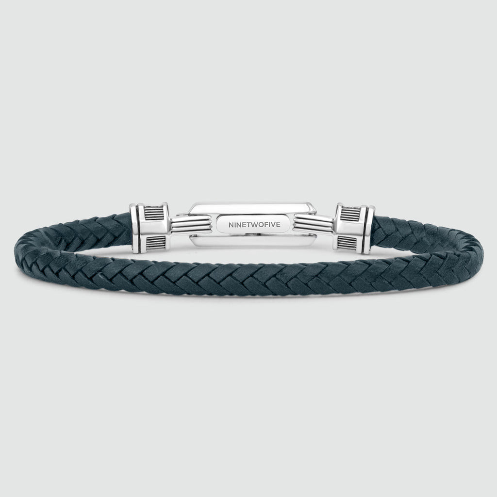 Razin - Braided Navy Blue Leather Bracelet with Sterling Silver 5.5mm
