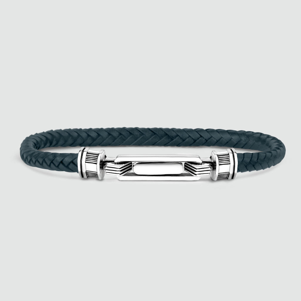 Razin - Braided Navy Blue Leather Bracelet with Sterling Silver 5.5mm