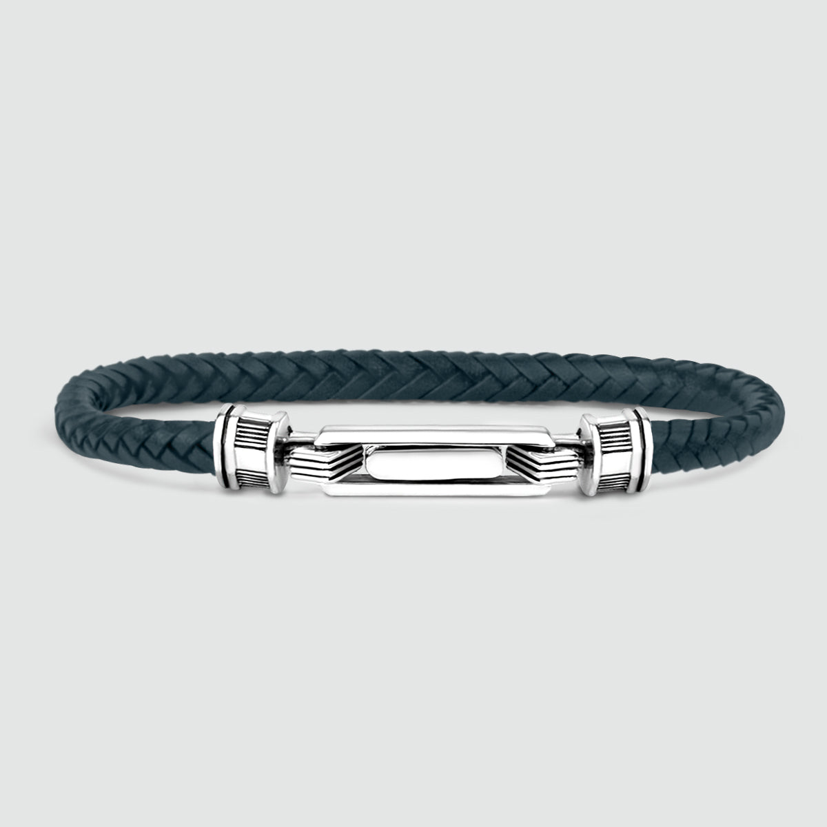 Razin - Braided Navy Blue Leather Bracelet with Sterling Silver 5.5mm