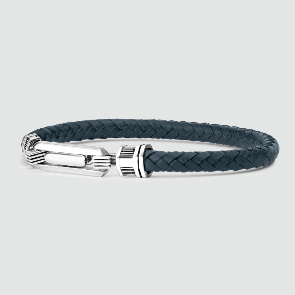 Razin - Braided Navy Blue Leather Bracelet with Sterling Silver 5.5mm
