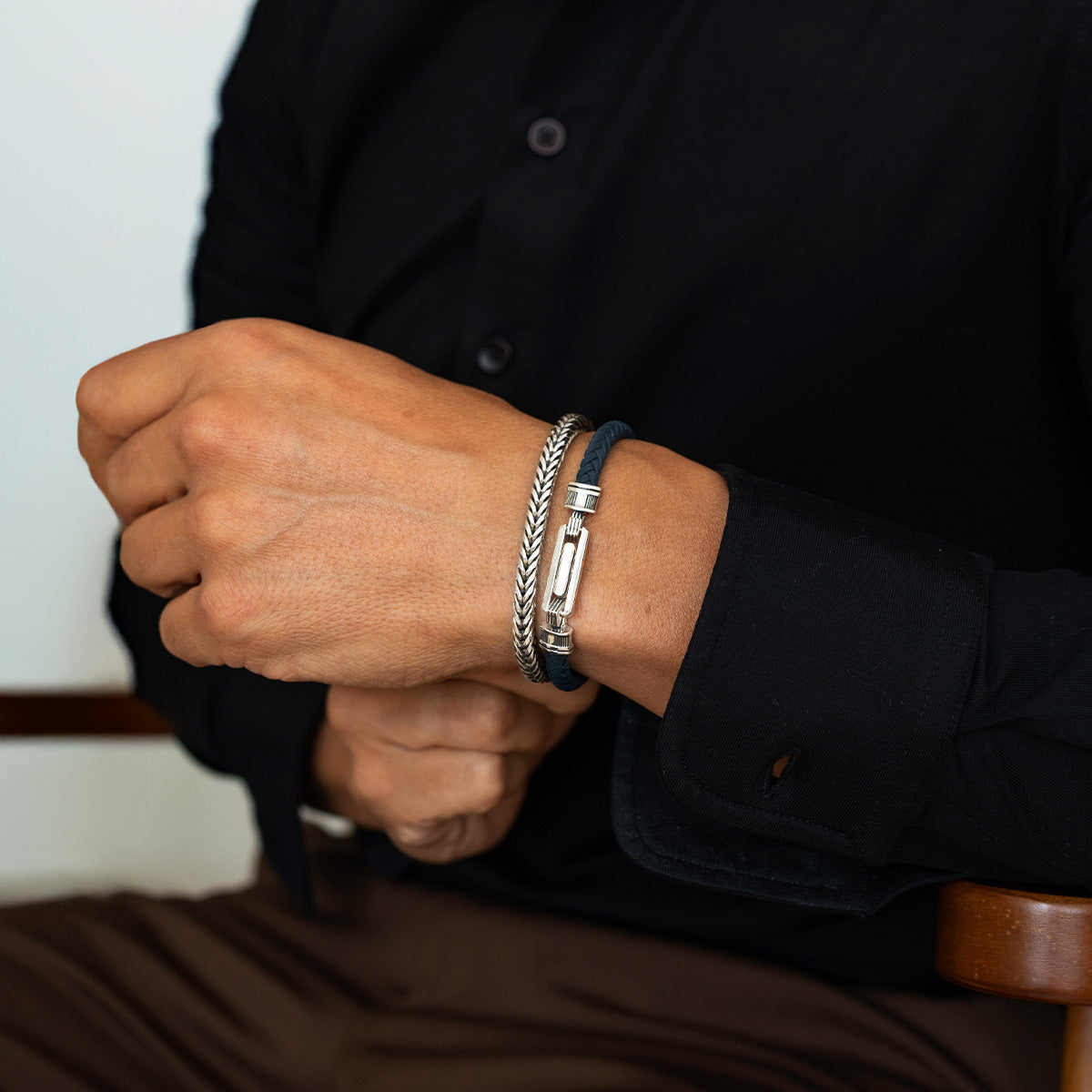 Razin - Braided Navy Blue Leather Bracelet with Sterling Silver 5.5mm