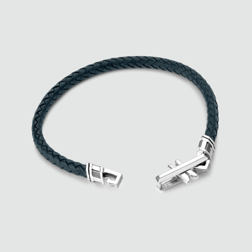 Razin - Braided Navy Blue Leather Bracelet with Sterling Silver 5.5mm