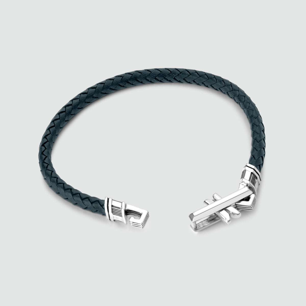 Razin - Braided Navy Blue Leather Bracelet with Sterling Silver 5.5mm