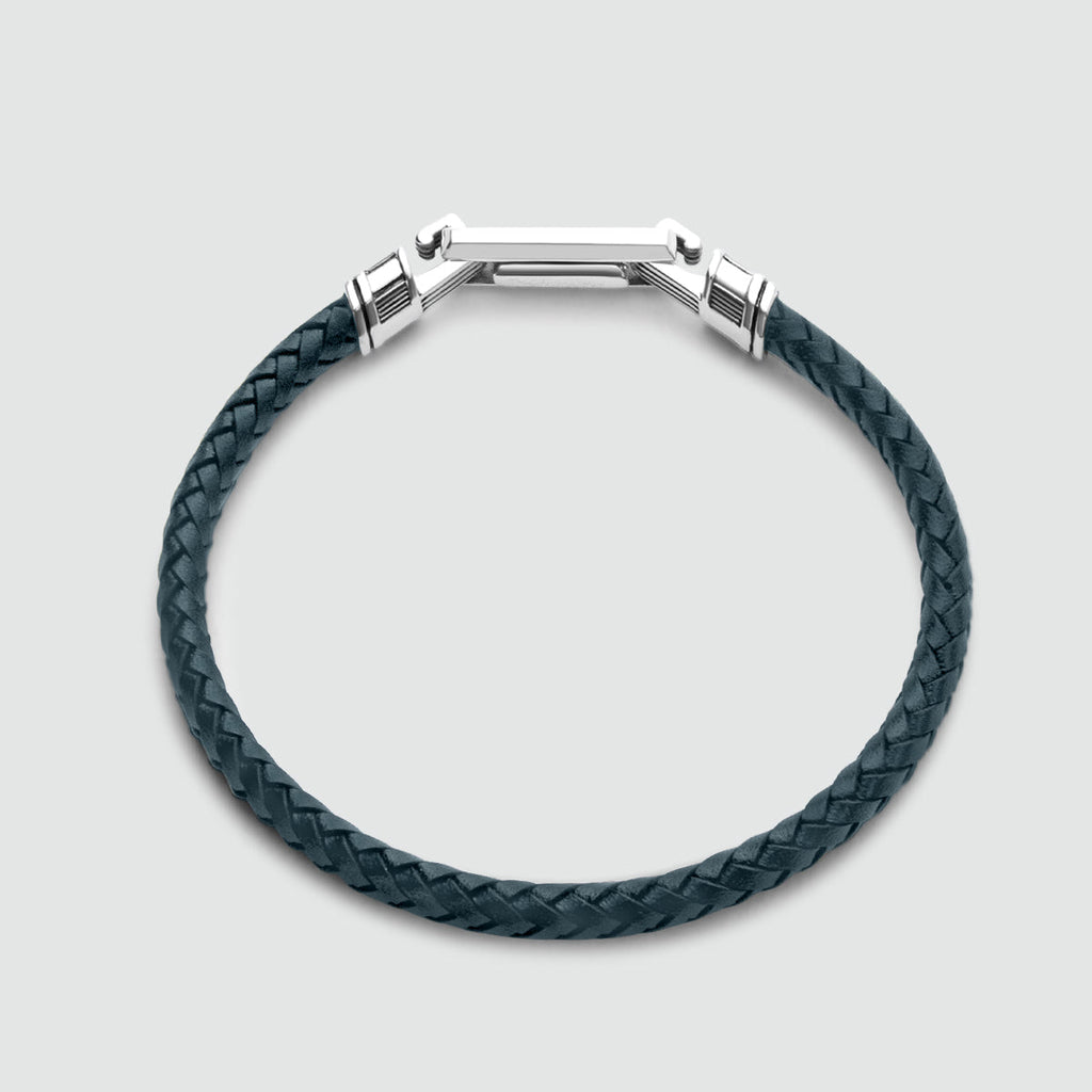 Razin - Braided Navy Blue Leather Bracelet with Sterling Silver 5.5mm