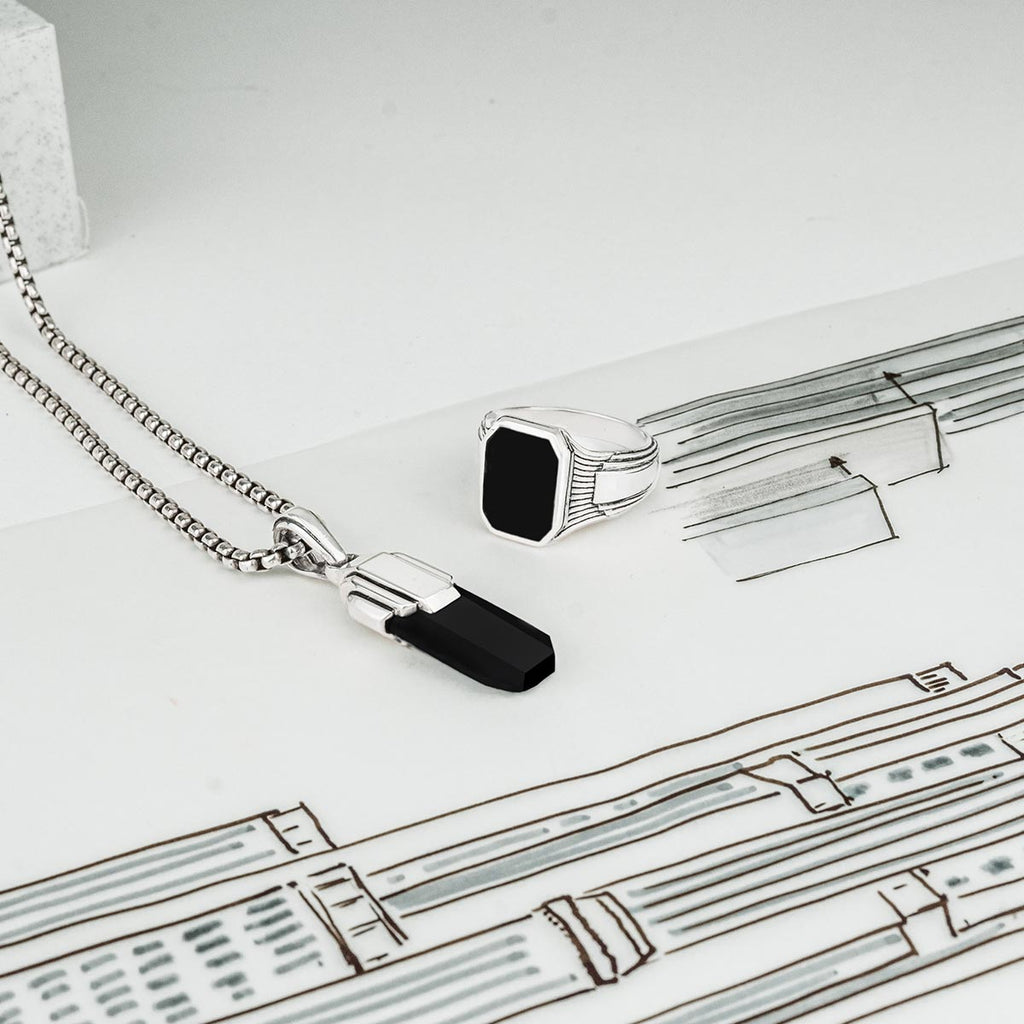 Tahsin - Art Deco Silver Black Onyx Pendant