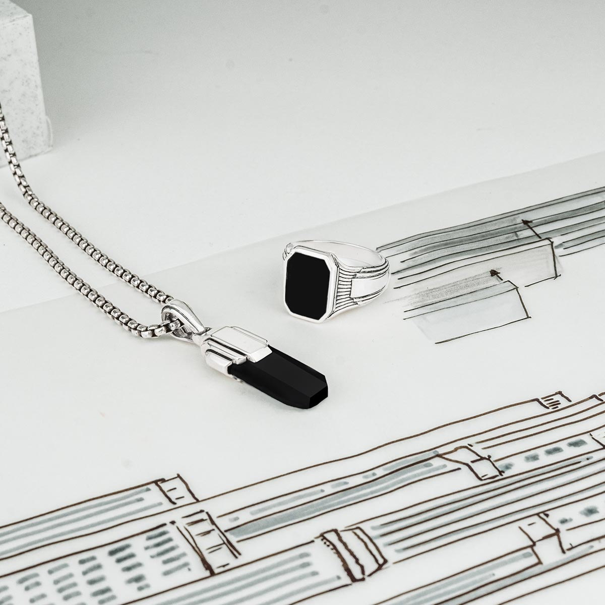 Tahsin - Art Deco Silver Black Onyx Pendant