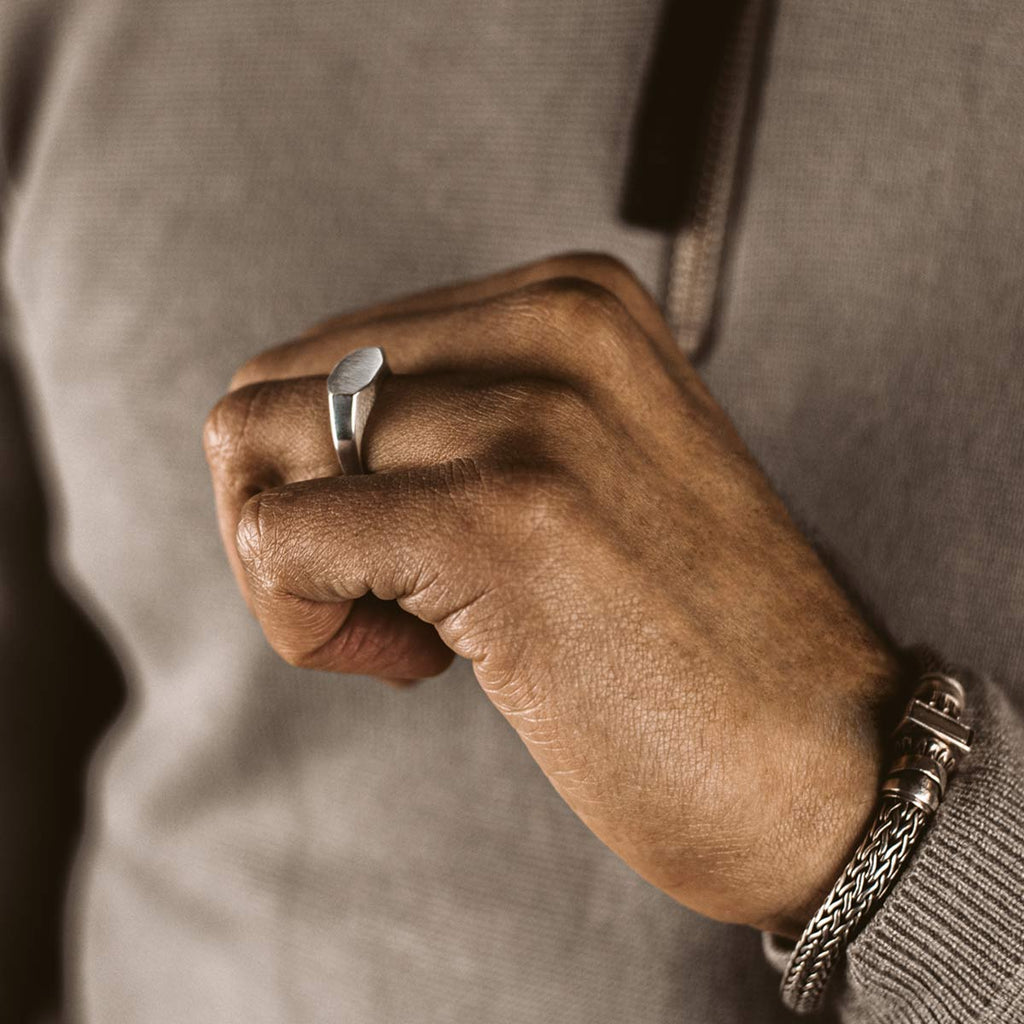 Tariq - Matte Brushed Silver Signet Ring 7mm