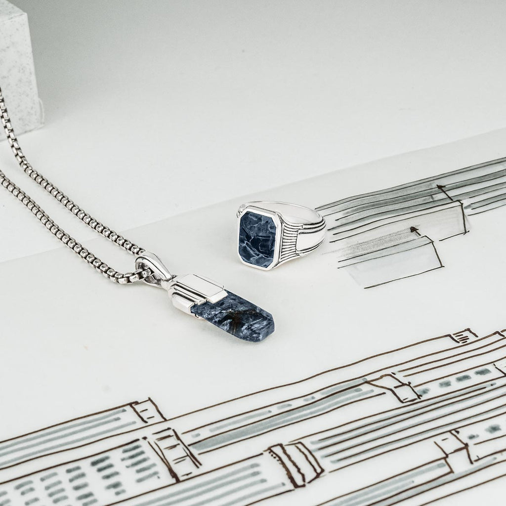 Tahrir - Art Deco Silver Blue Pietersite Pendant
